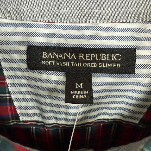 Banana Republic Button Down Shirt Mens Medium Red Elbow Patch Plaid Slim Fit NEW - Picture 6 of 10